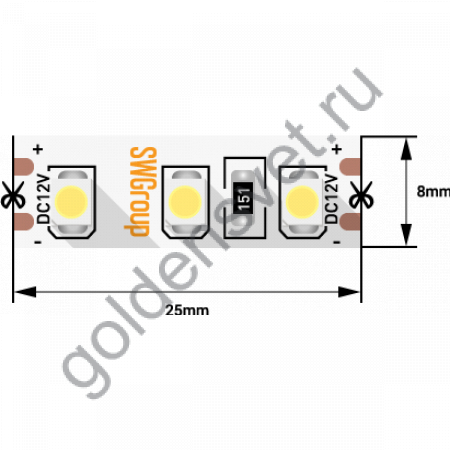 Лента светодиодная стандарт 3528, 120 LED/м, 9,6 Вт/м, 12В , IP20, Цвет: Холодный белый