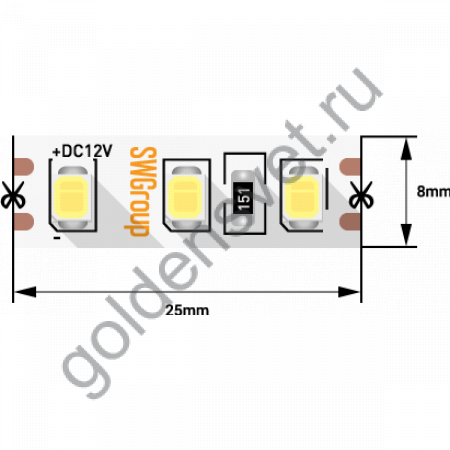 Лента светодиодная стандарт 2835, 120 LED/м, 9,6 Вт/м, 12В , IP20, Цвет: Теплый белый