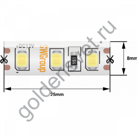 Лента светодиодная стандарт 2835, 120 LED/м, 9,6 Вт/м, 12В , IP65, Цвет: Теплый белый