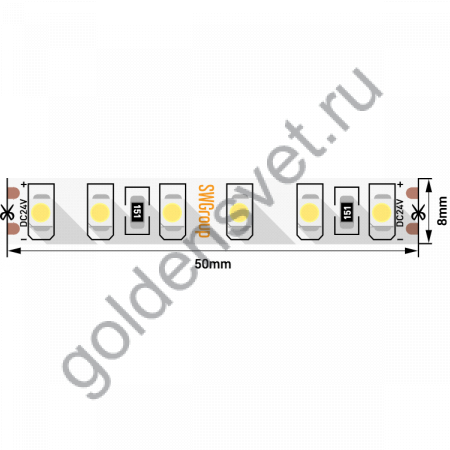Лента светодиодная стандарт 3528, 120 LED/м, 9,6 Вт/м, 24В , IP20, Цвет: Теплый белый