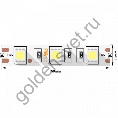 Лента светодиодная эконом 5050, 60 LED/м, 14,4 Вт/м, 12В , IP20, Цвет: Холодный белый